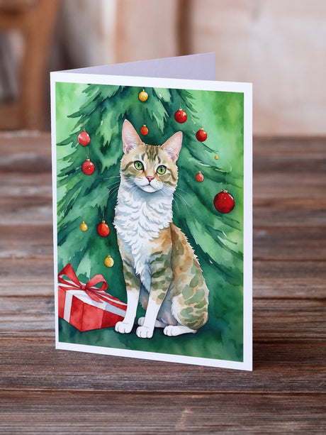 Oregon Rex Cat By the Christmas Tree Greeting Cards Pack of 8