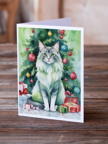 Oriental Longhair Cat By the Christmas Tree Greeting Cards Pack of 8