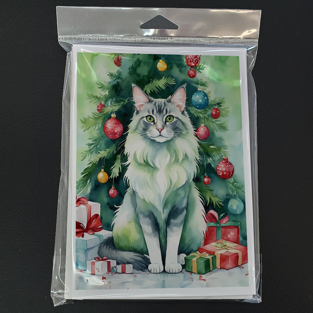 Oriental Longhair Cat By the Christmas Tree Greeting Cards Pack of 8