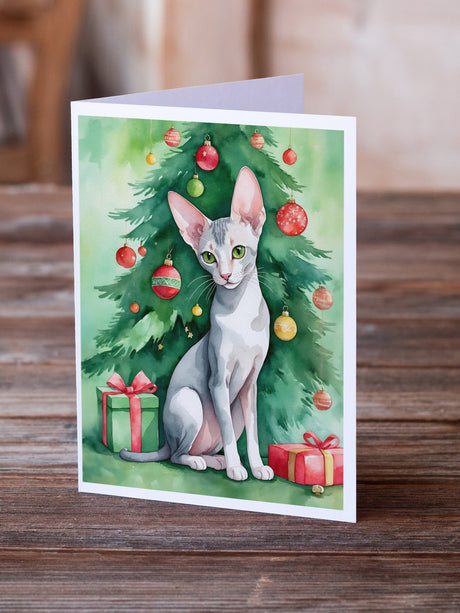 Oriental Shorthair Cat By the Christmas Tree Greeting Cards Pack of 8