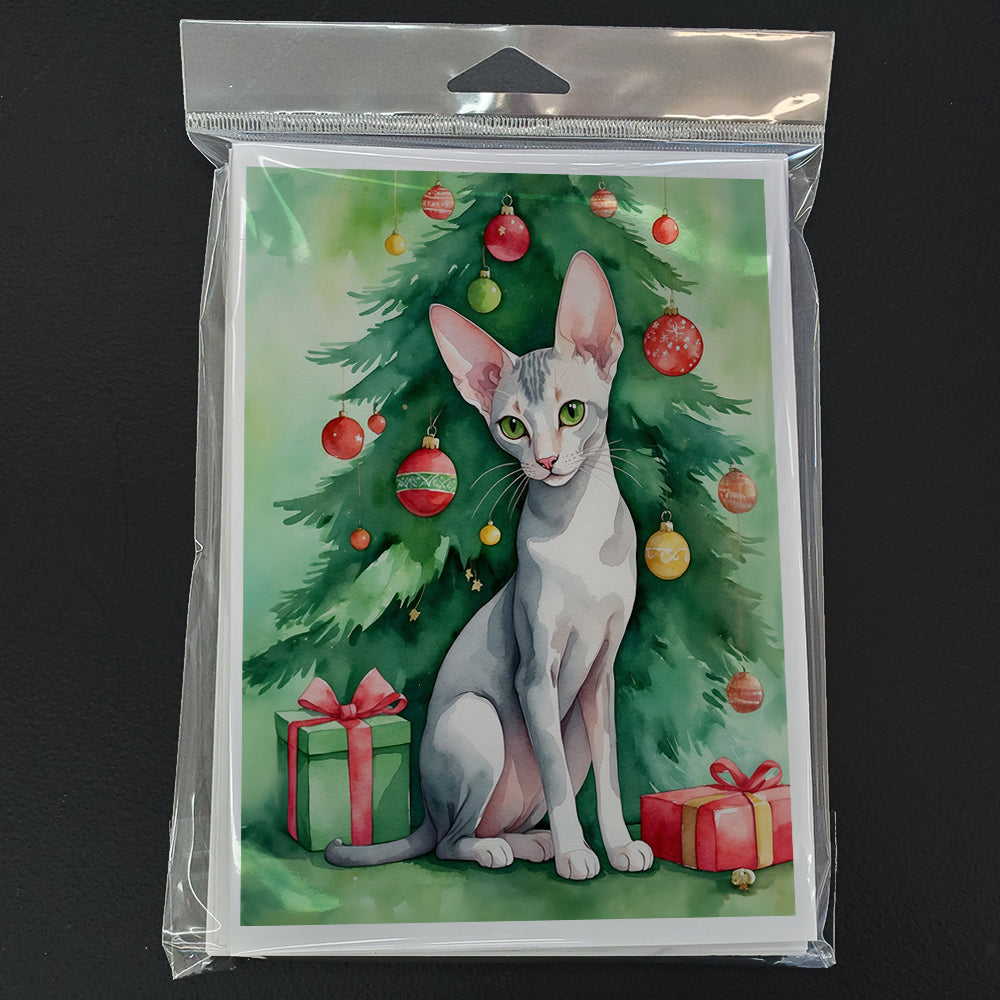 Oriental Shorthair Cat By the Christmas Tree Greeting Cards Pack of 8