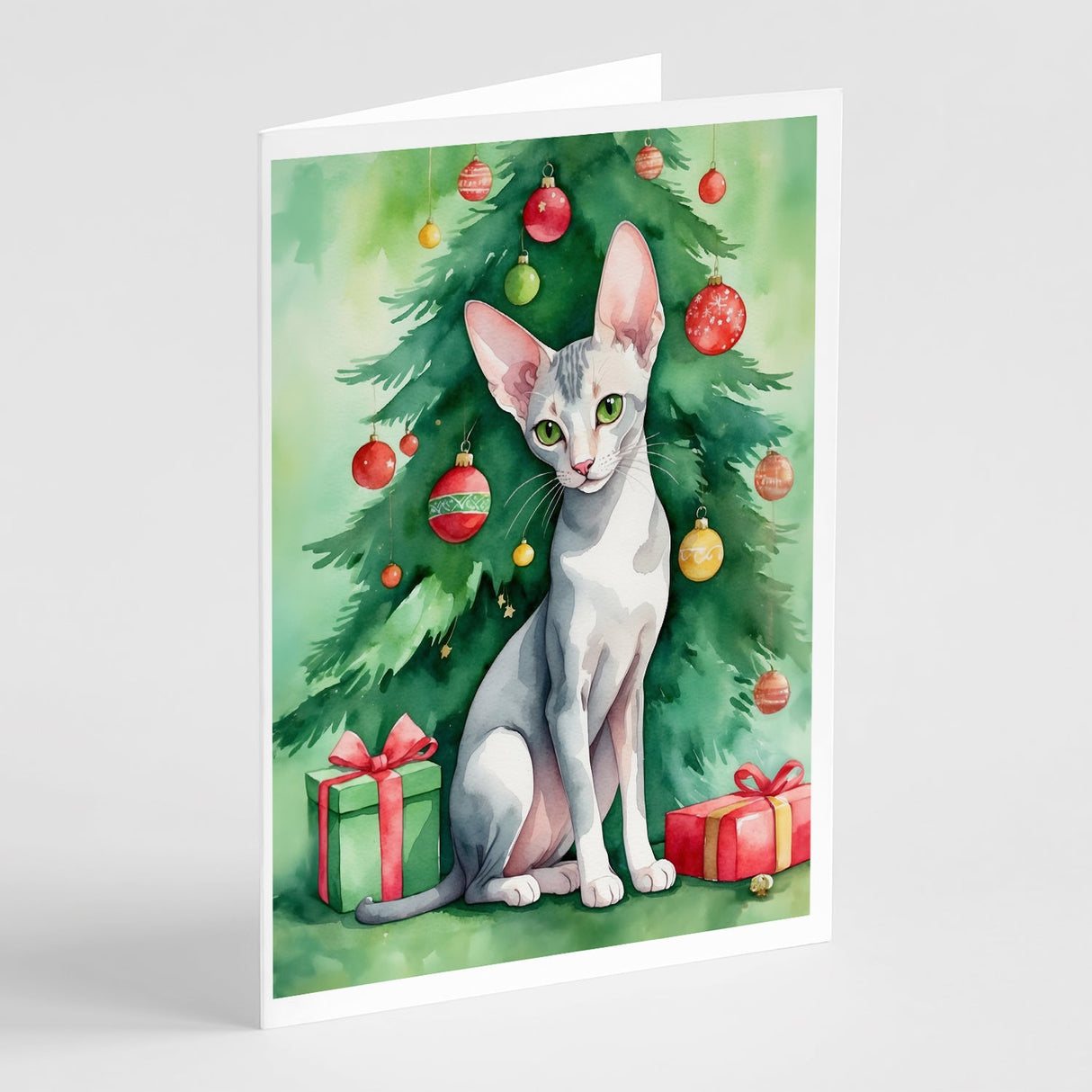 Oriental Shorthair Cat By the Christmas Tree Greeting Cards Pack of 8