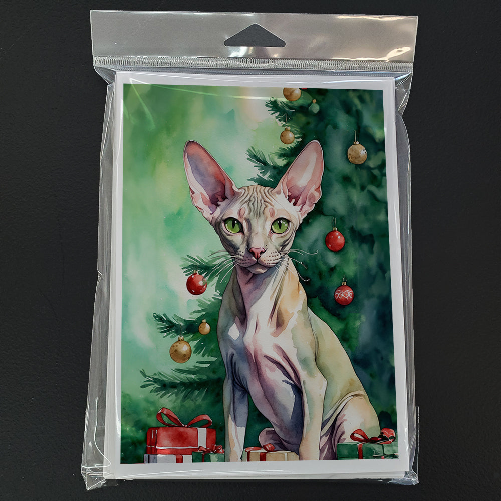 Peterbald Cat By the Christmas Tree Greeting Cards Pack of 8