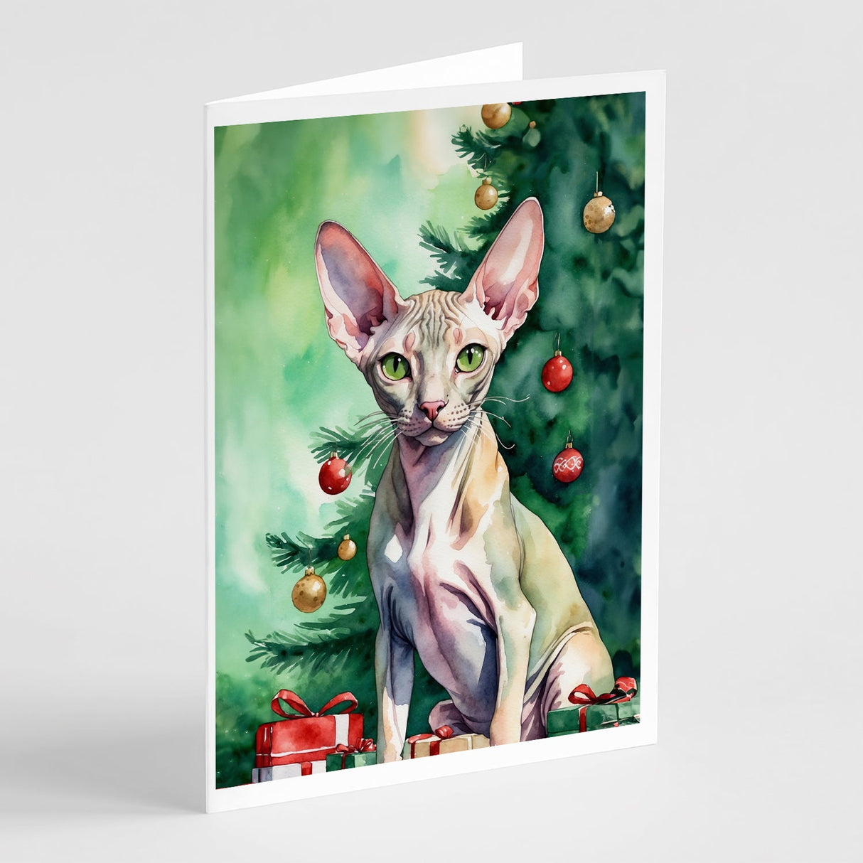 Peterbald Cat By the Christmas Tree Greeting Cards Pack of 8