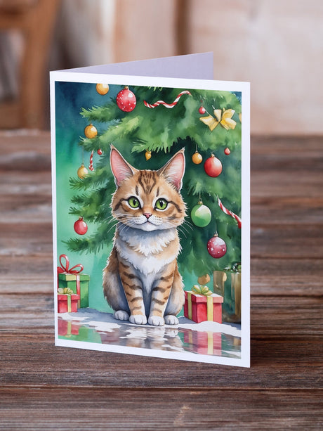 Pixie Bob Cat By the Christmas Tree Greeting Cards Pack of 8