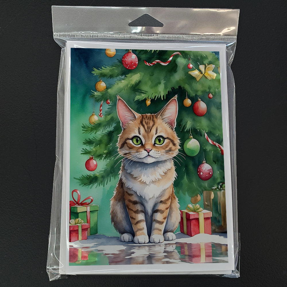 Pixie Bob Cat By the Christmas Tree Greeting Cards Pack of 8