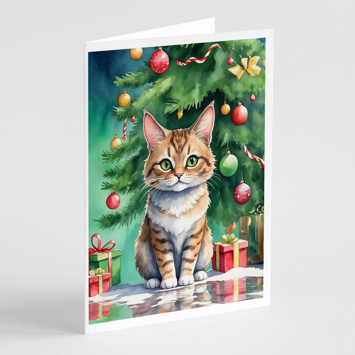 Pixie Bob Cat By the Christmas Tree Greeting Cards Pack of 8