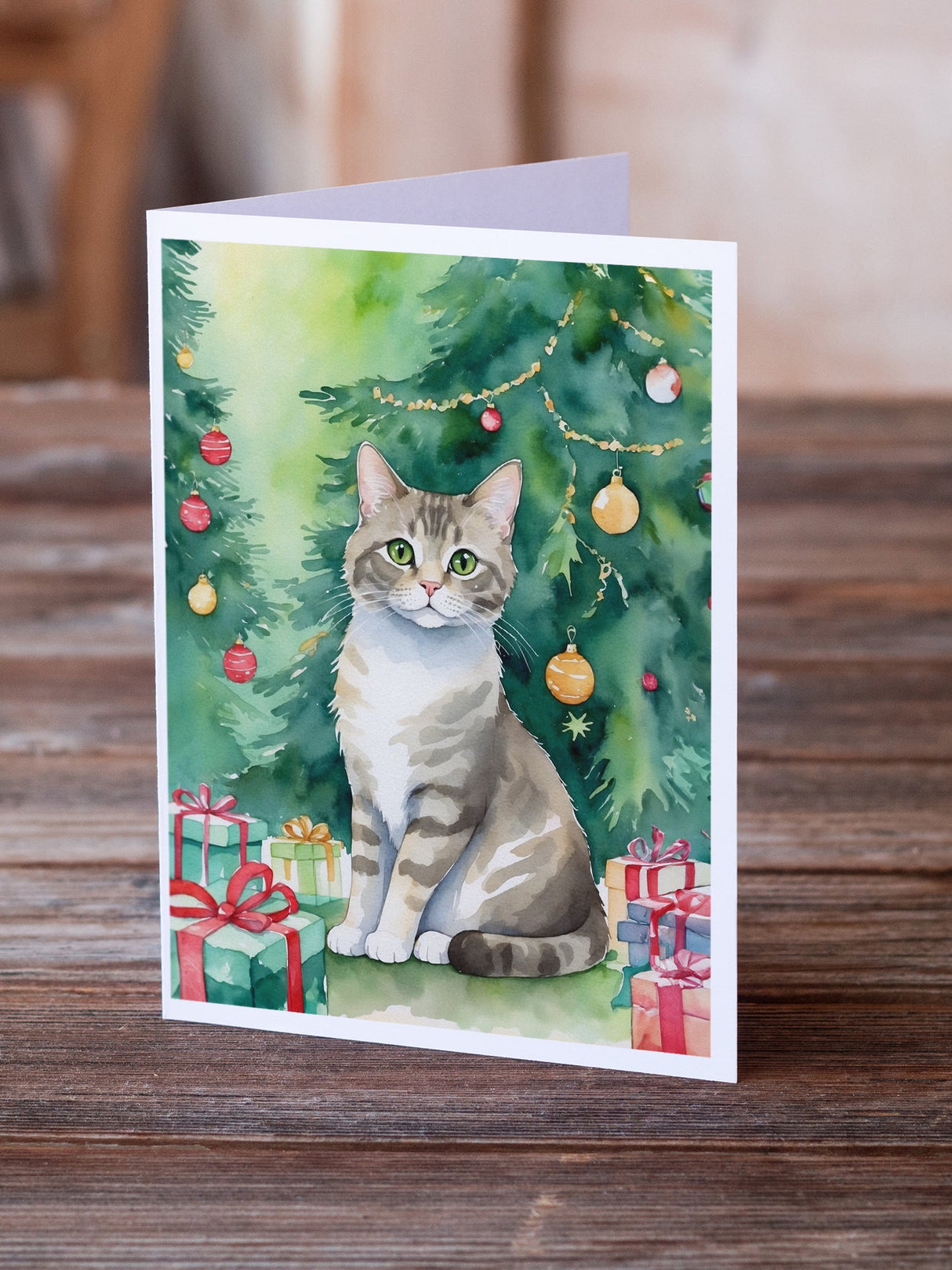 Pudelkatze Cat By the Christmas Tree Greeting Cards Pack of 8