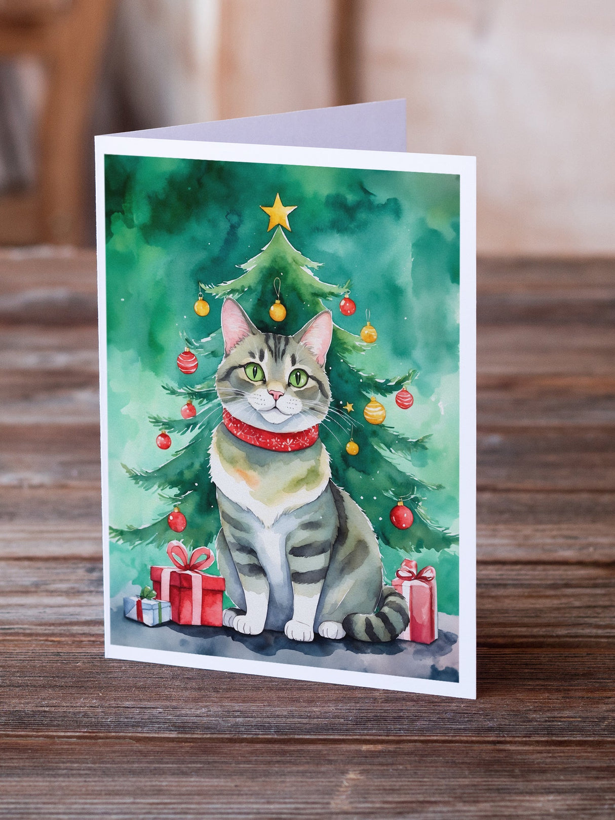 Raas Cat By the Christmas Tree Greeting Cards Pack of 8