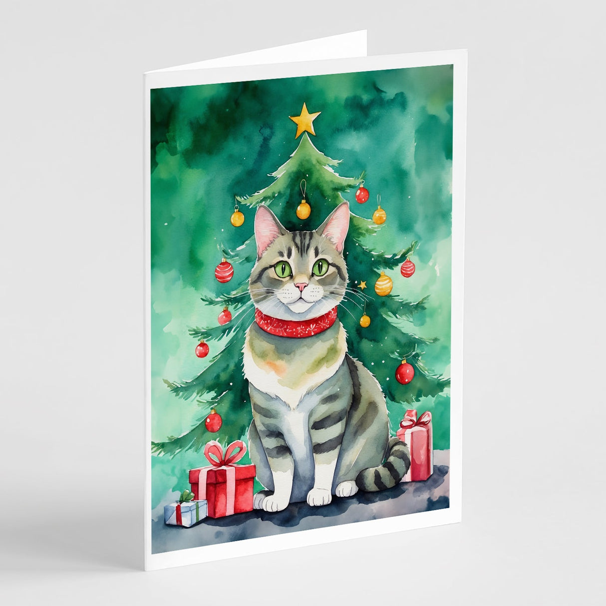 Raas Cat By the Christmas Tree Greeting Cards Pack of 8