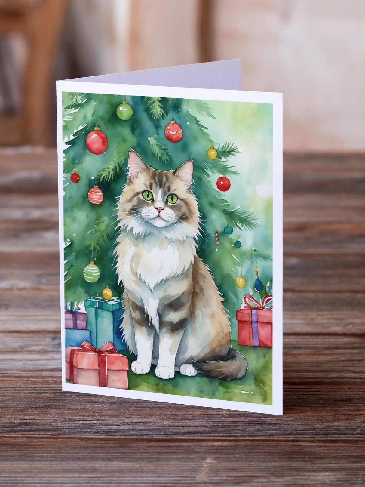 Ragamuffin Cat By the Christmas Tree Greeting Cards Pack of 8