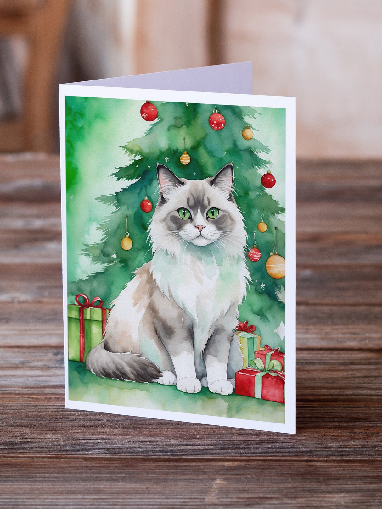 Ragdoll Cat By the Christmas Tree Greeting Cards Pack of 8