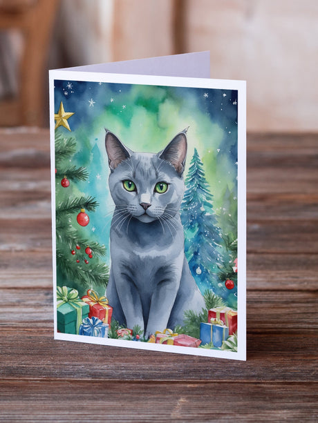 Russian Blue Cat By the Christmas Tree Greeting Cards Pack of 8