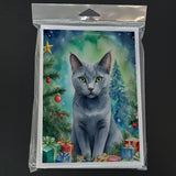 Russian Blue Cat By the Christmas Tree Greeting Cards Pack of 8