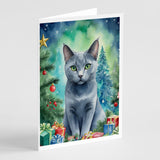 Russian Blue Cat By the Christmas Tree Greeting Cards Pack of 8