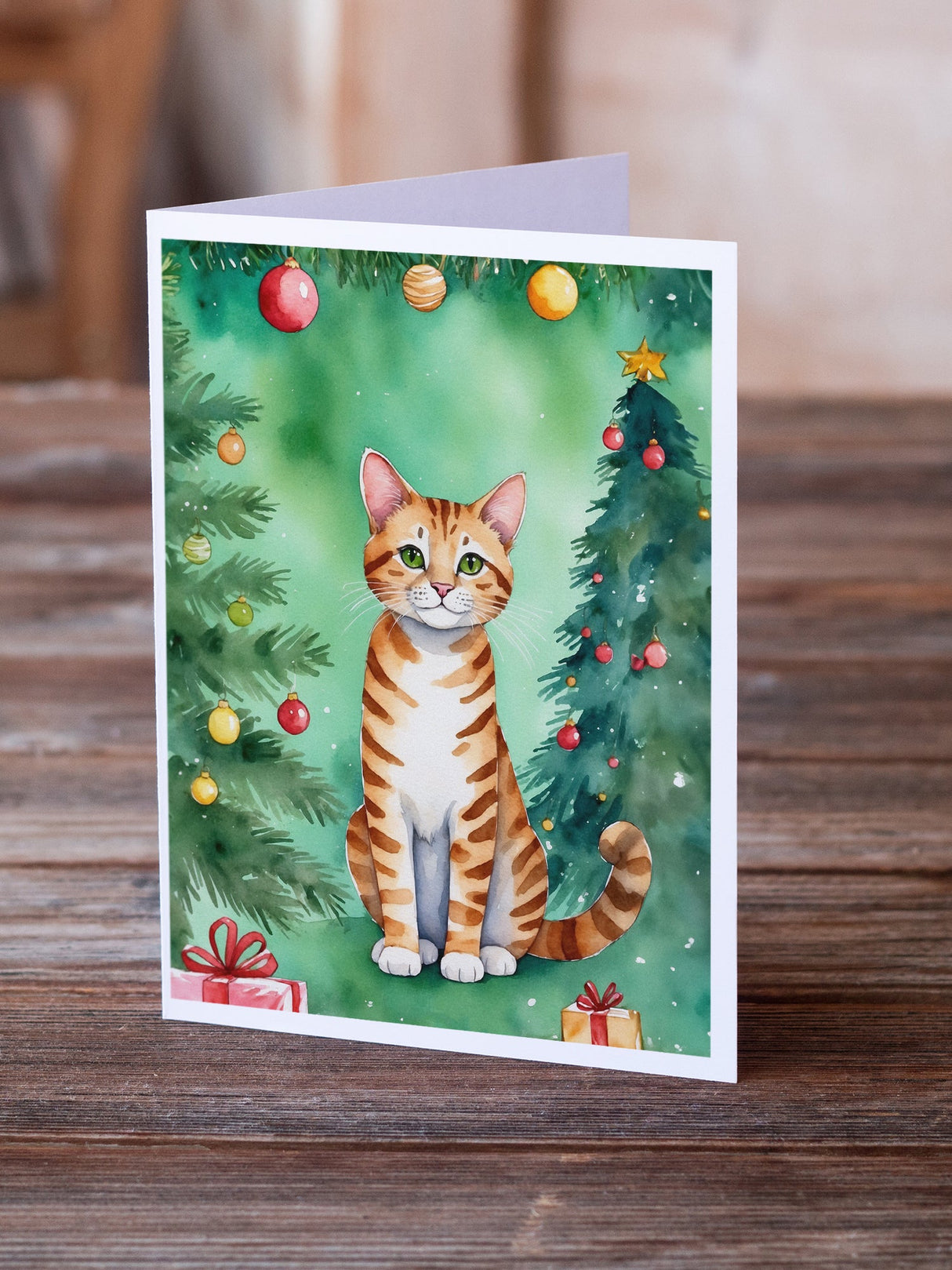 Safari Cat By the Christmas Tree Greeting Cards Pack of 8