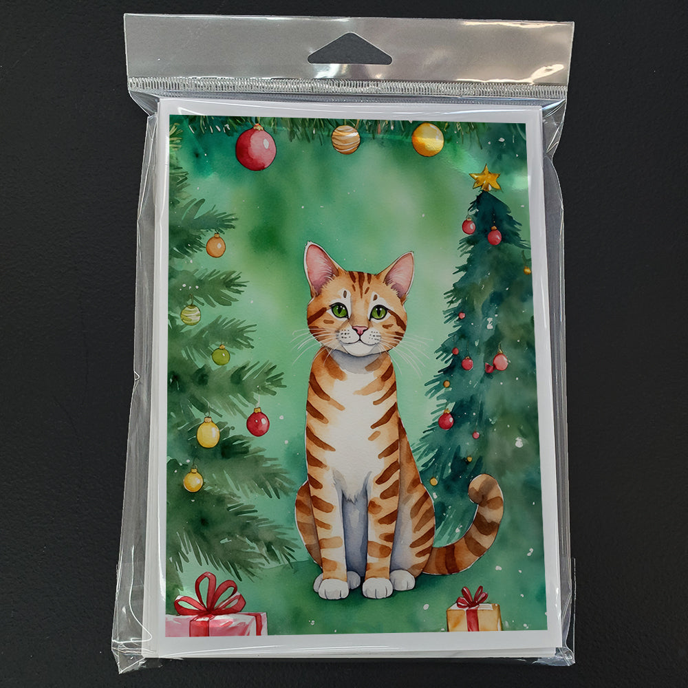 Safari Cat By the Christmas Tree Greeting Cards Pack of 8