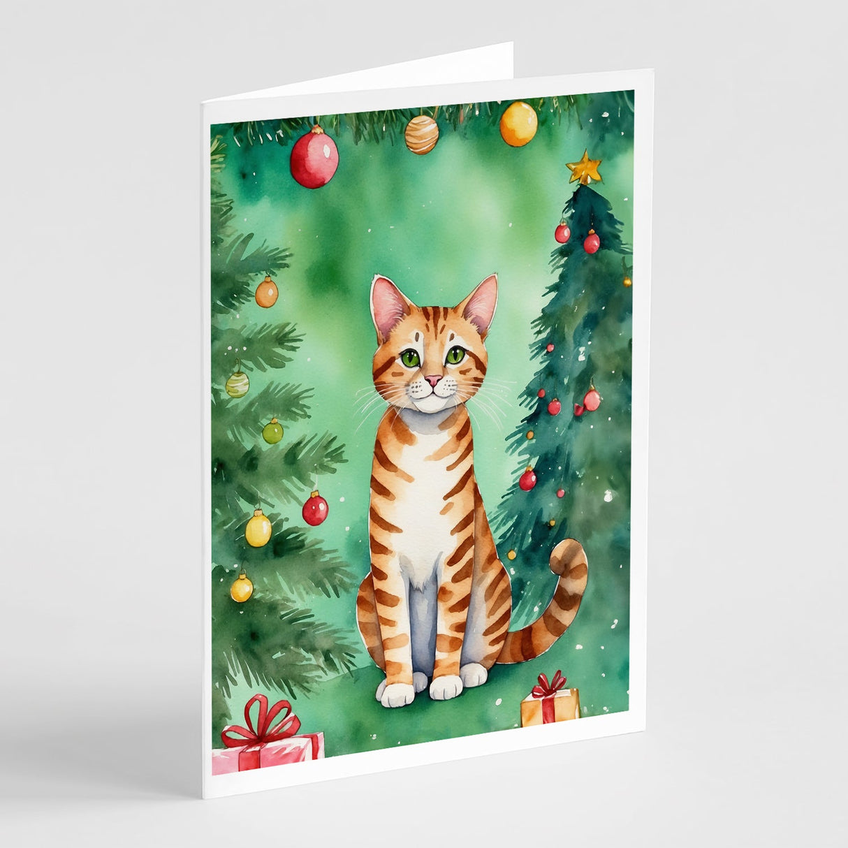 Safari Cat By the Christmas Tree Greeting Cards Pack of 8