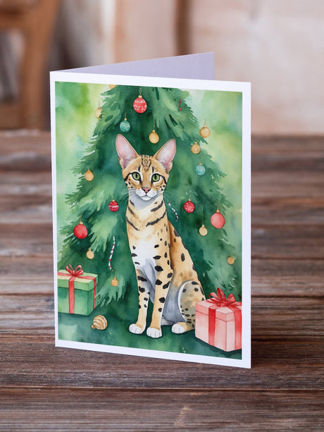 Savannah Cat By the Christmas Tree Greeting Cards Pack of 8