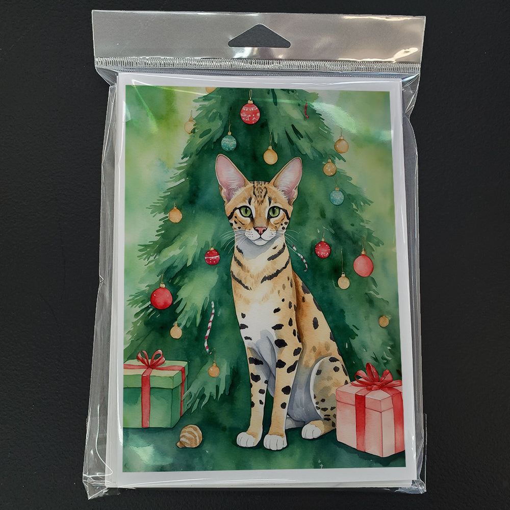 Savannah Cat By the Christmas Tree Greeting Cards Pack of 8