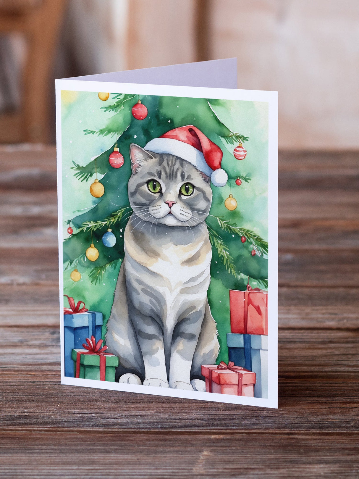 Scottish Fold Cat By the Christmas Tree Greeting Cards Pack of 8