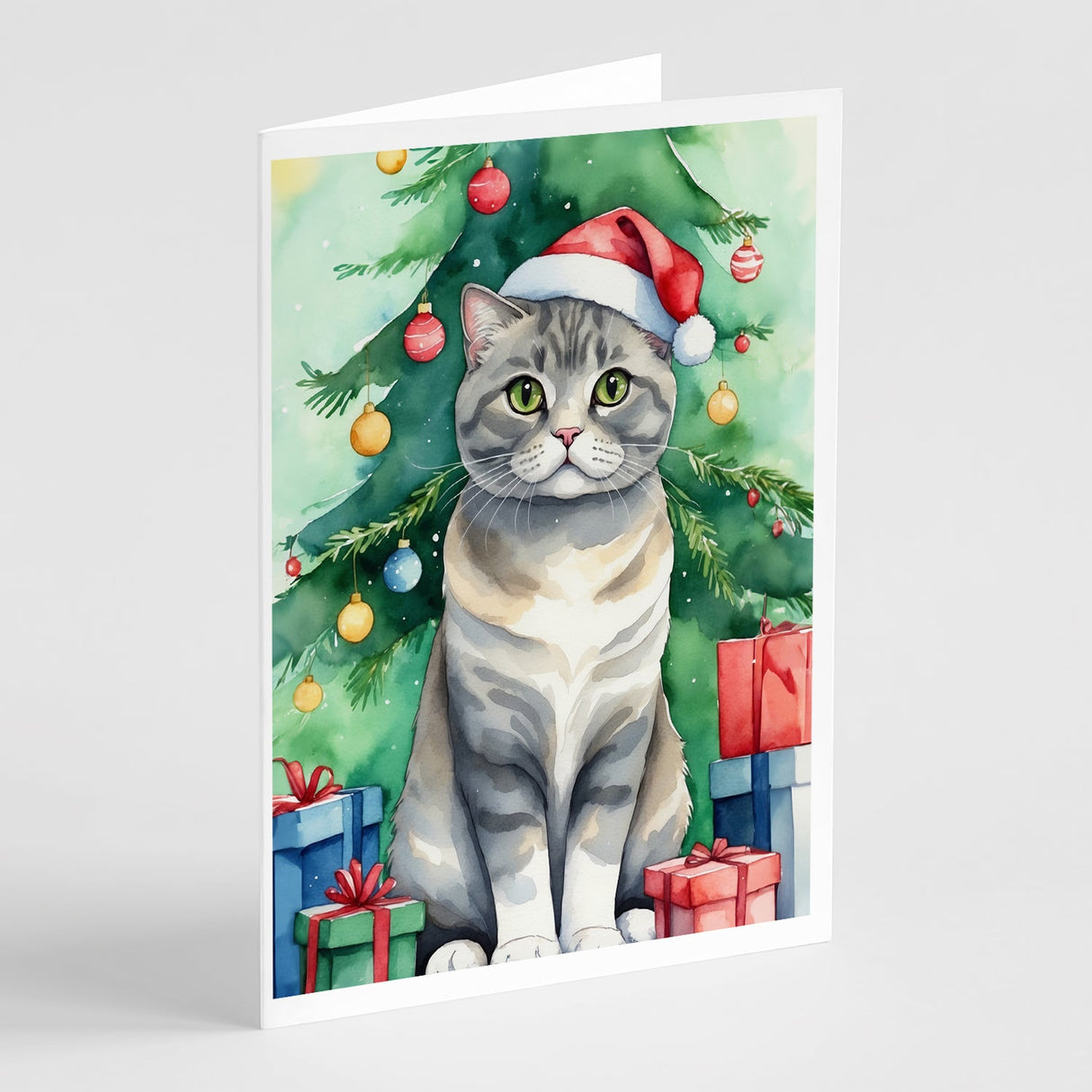 Scottish Fold Cat By the Christmas Tree Greeting Cards Pack of 8