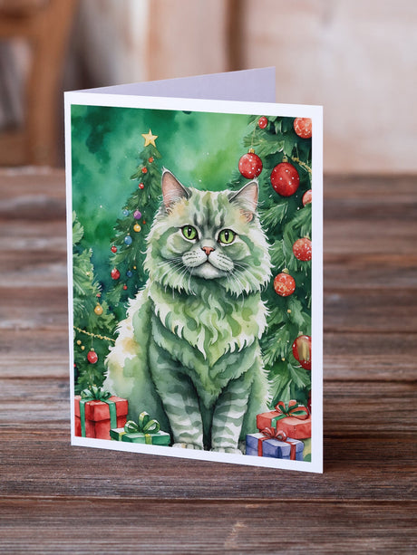 Selkirk Rex Cat By the Christmas Tree Greeting Cards Pack of 8