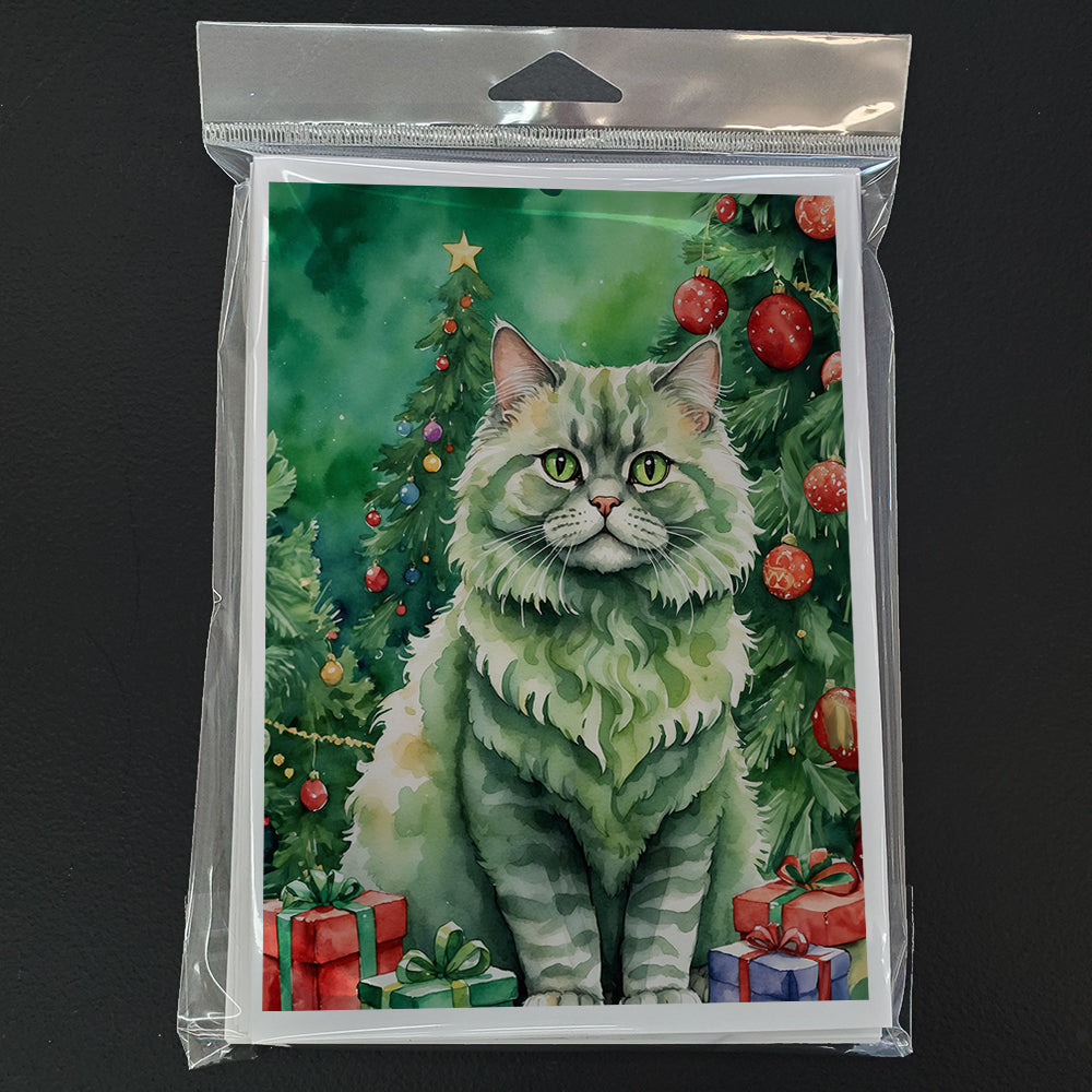 Selkirk Rex Cat By the Christmas Tree Greeting Cards Pack of 8