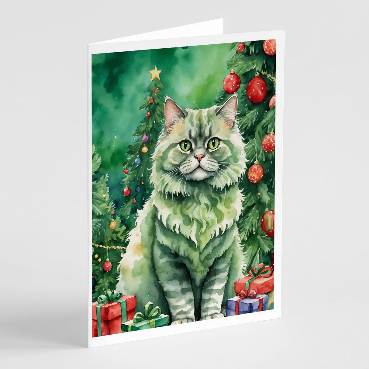 Selkirk Rex Cat By the Christmas Tree Greeting Cards Pack of 8