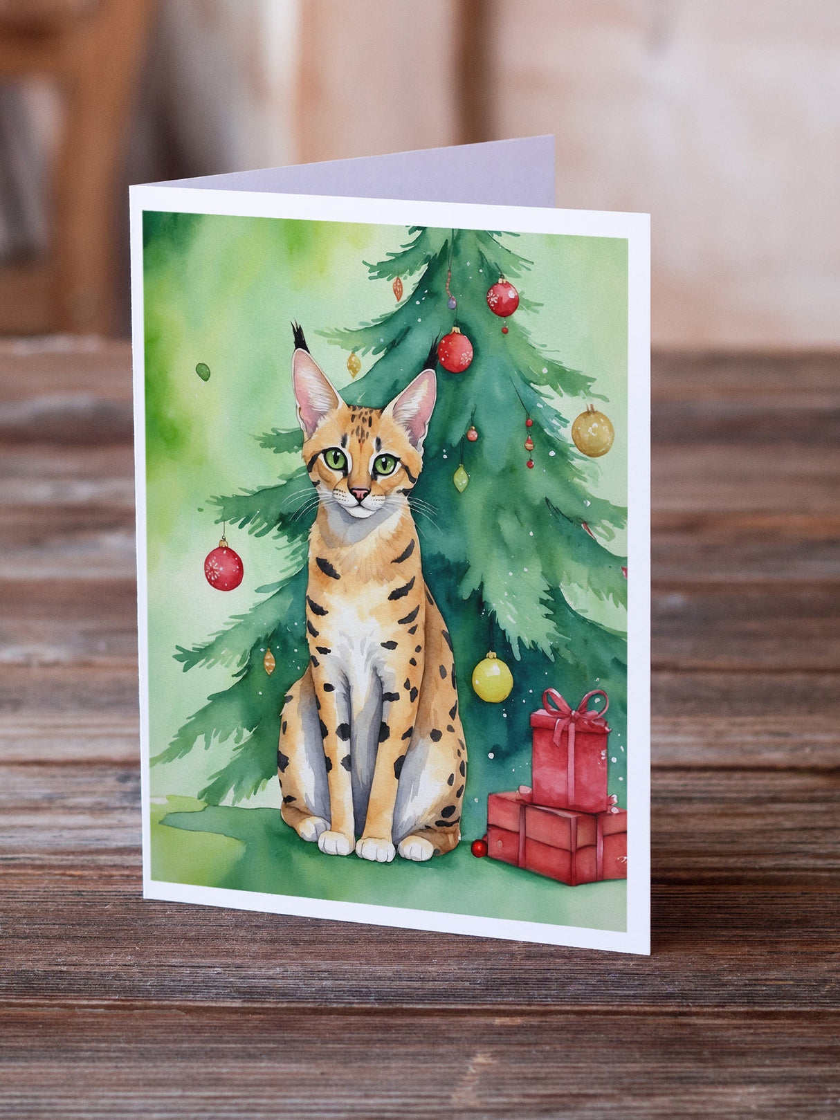 Serengeti Cat By the Christmas Tree Greeting Cards Pack of 8