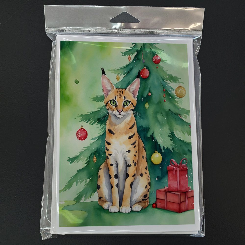 Serengeti Cat By the Christmas Tree Greeting Cards Pack of 8