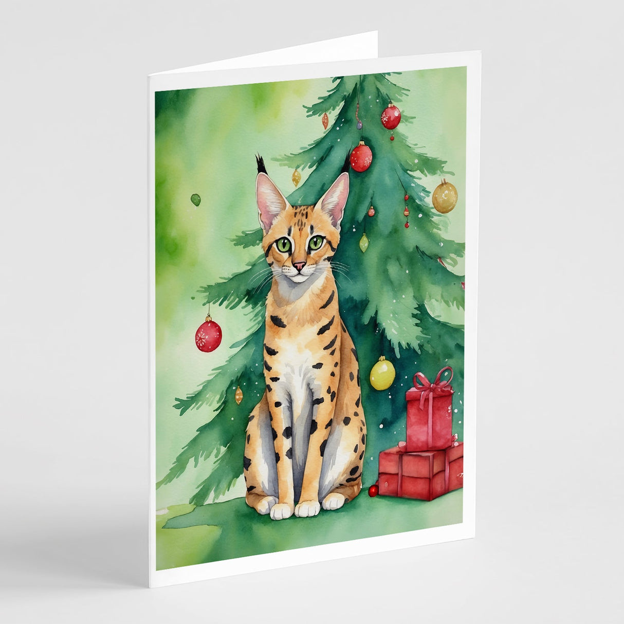 Serengeti Cat By the Christmas Tree Greeting Cards Pack of 8