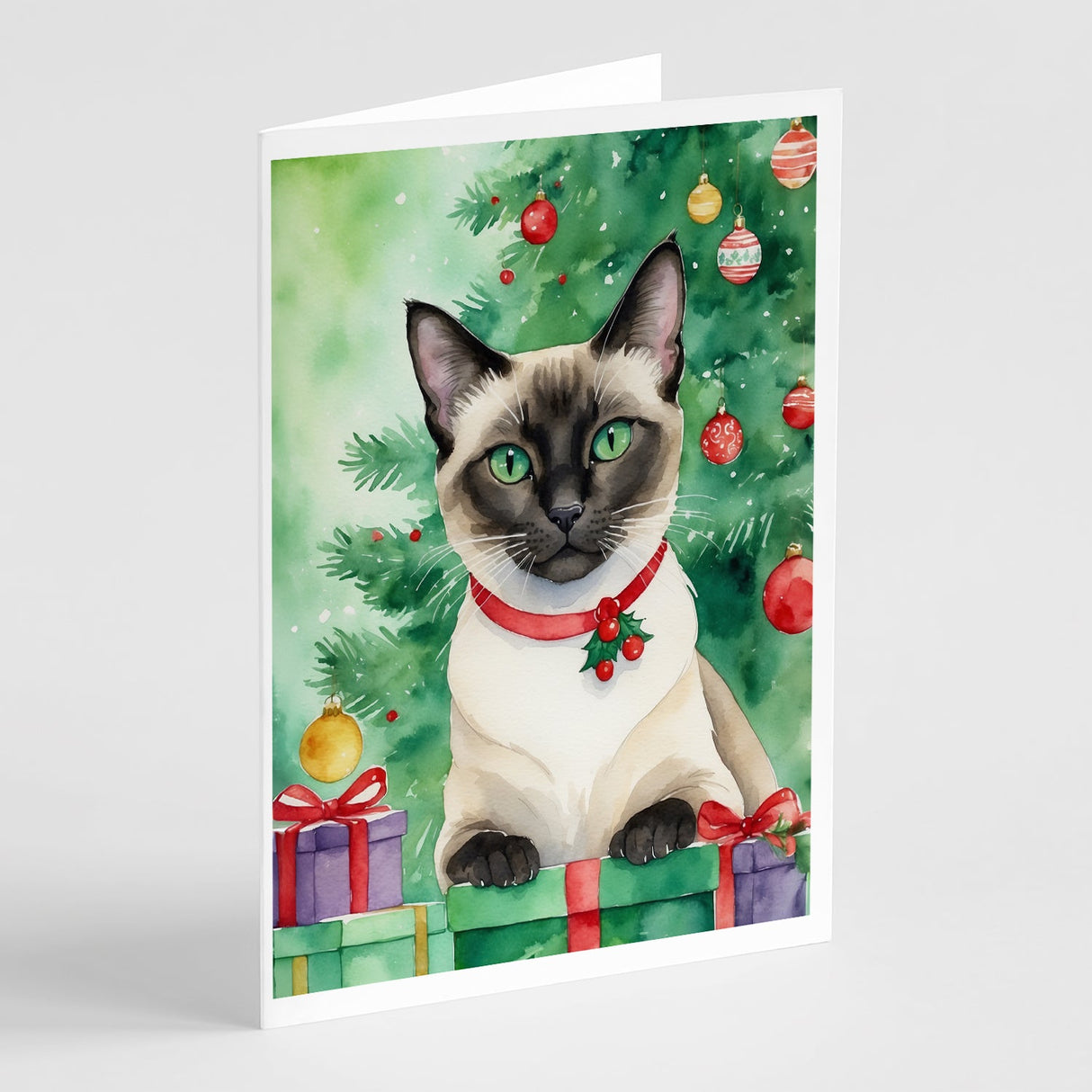 Siamese Cat By the Christmas Tree Greeting Cards Pack of 8