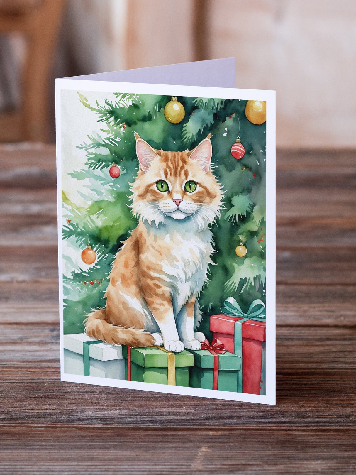 Skookum Cat By the Christmas Tree Greeting Cards Pack of 8