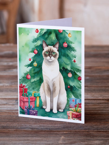 Snowshoe Cat By the Christmas Tree Greeting Cards Pack of 8