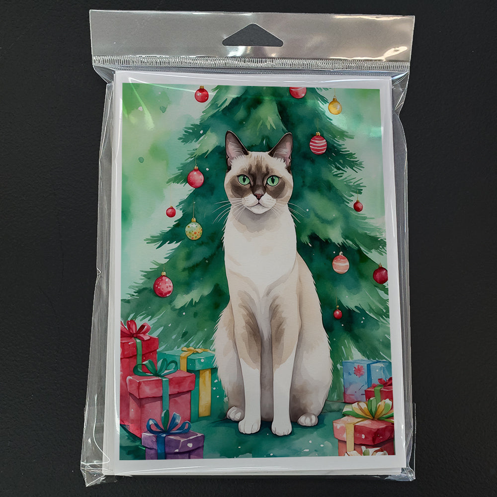 Snowshoe Cat By the Christmas Tree Greeting Cards Pack of 8