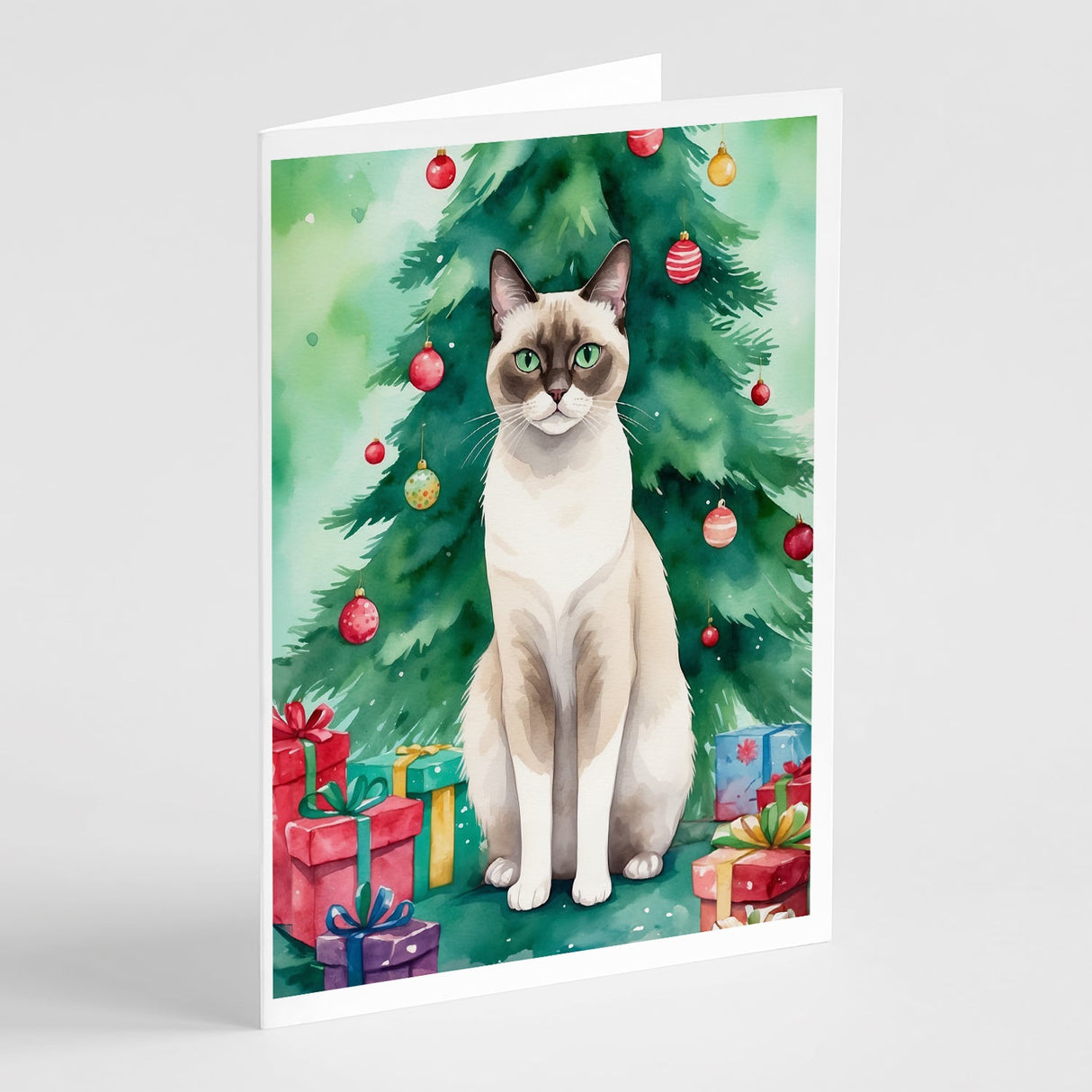 Snowshoe Cat By the Christmas Tree Greeting Cards Pack of 8