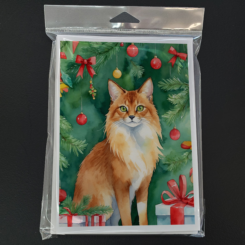 Somali Cat By the Christmas Tree Greeting Cards Pack of 8