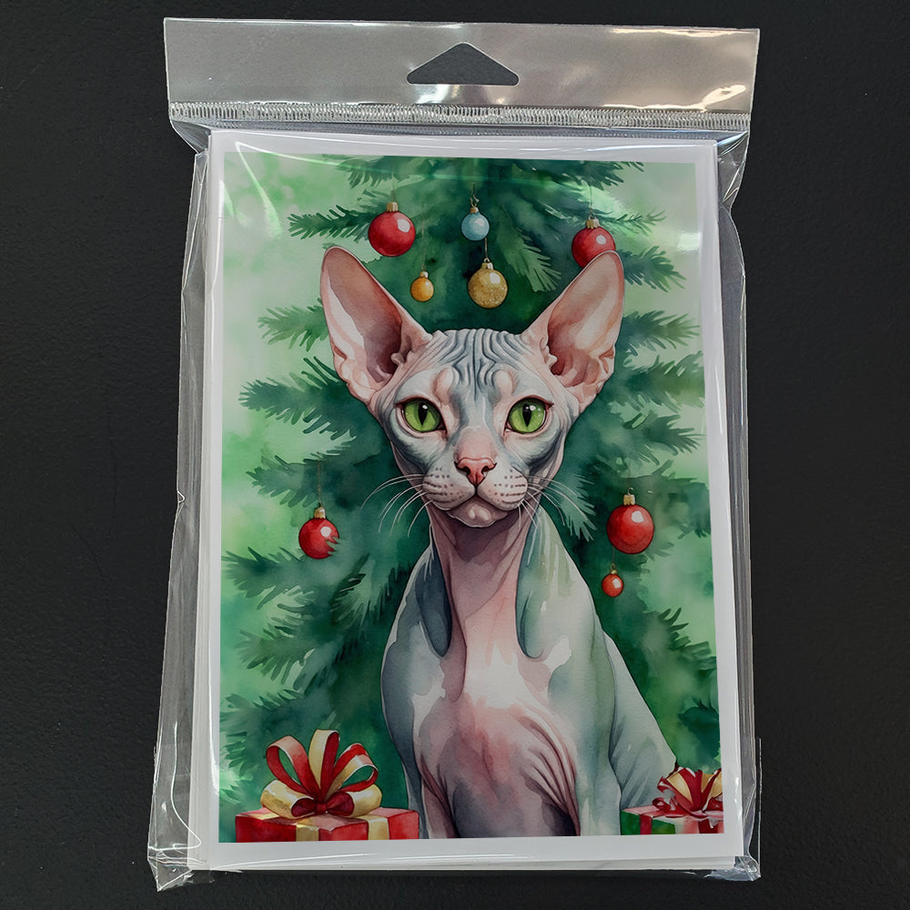 Sphynx Cat By the Christmas Tree Greeting Cards Pack of 8