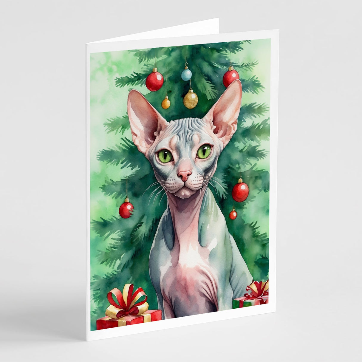 Sphynx Cat By the Christmas Tree Greeting Cards Pack of 8