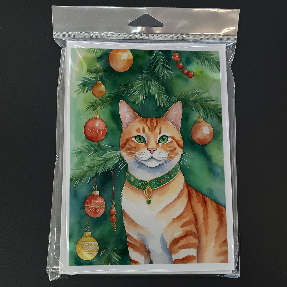 Suphalak Cat By the Christmas Tree Greeting Cards Pack of 8