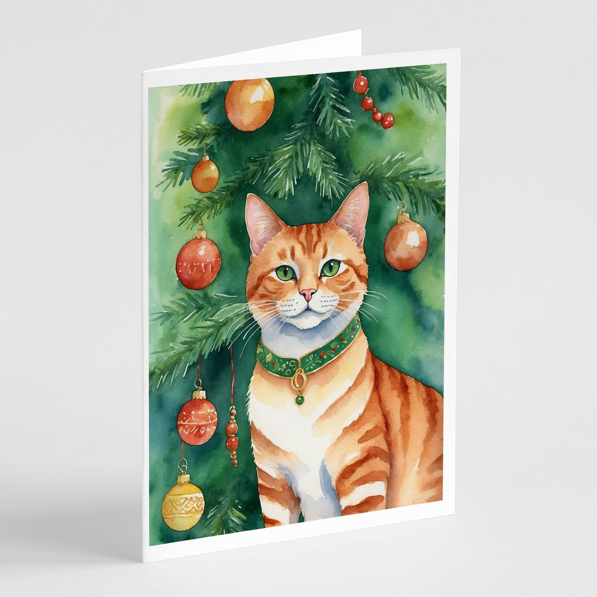 Suphalak Cat By the Christmas Tree Greeting Cards Pack of 8