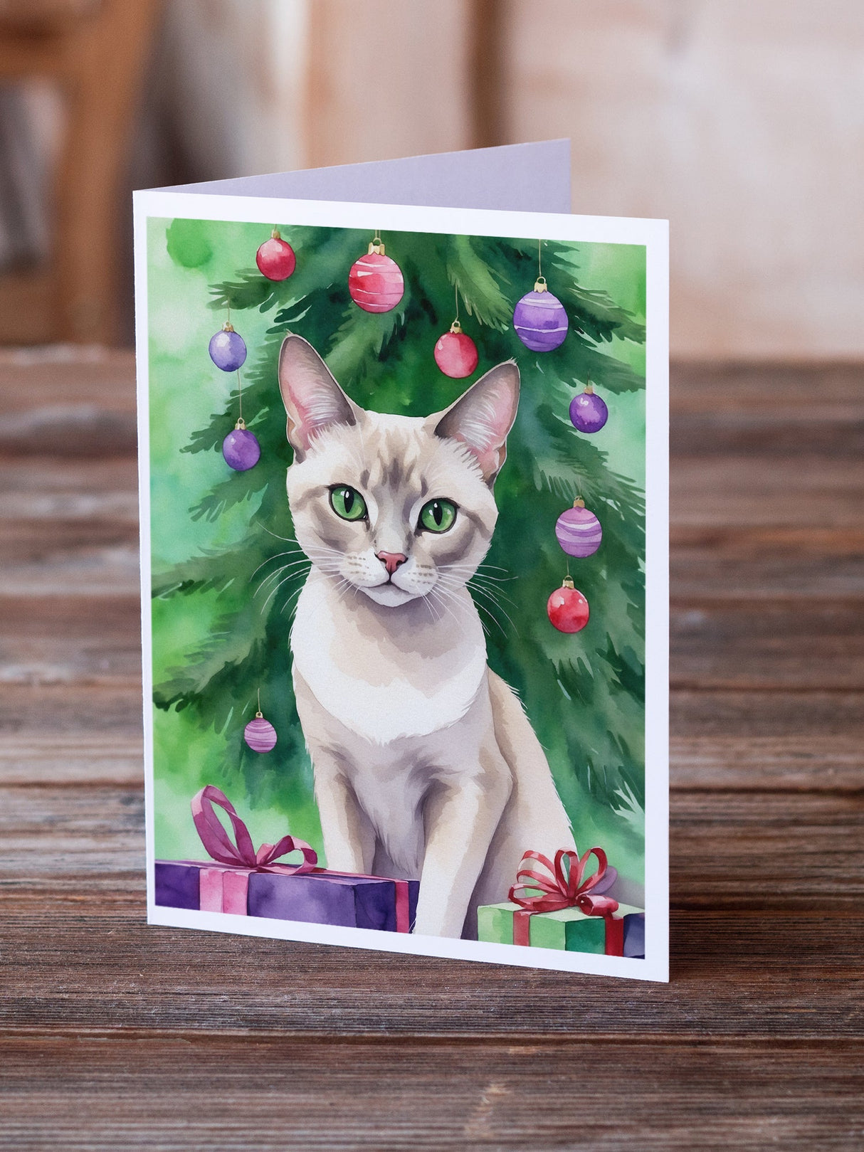 Thai Lilac Cat By the Christmas Tree Greeting Cards Pack of 8