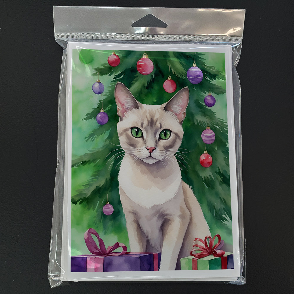 Thai Lilac Cat By the Christmas Tree Greeting Cards Pack of 8