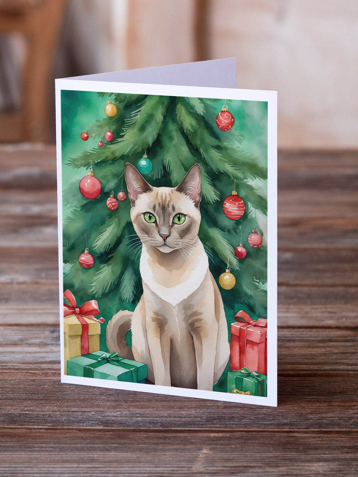 Tonkinese Cat By the Christmas Tree Greeting Cards Pack of 8