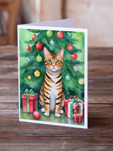 Toyger Cat By the Christmas Tree Greeting Cards Pack of 8