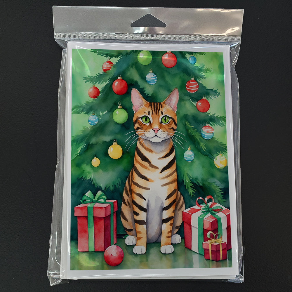 Toyger Cat By the Christmas Tree Greeting Cards Pack of 8