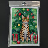 Toyger Cat By the Christmas Tree Greeting Cards Pack of 8