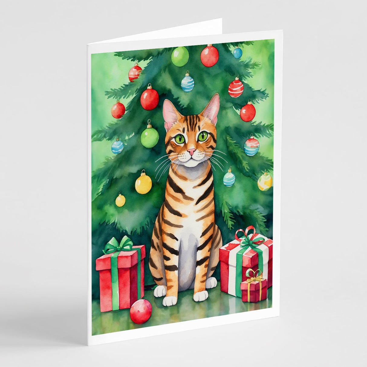 Toyger Cat By the Christmas Tree Greeting Cards Pack of 8