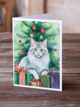 Turkish Angora Cat By the Christmas Tree Greeting Cards Pack of 8